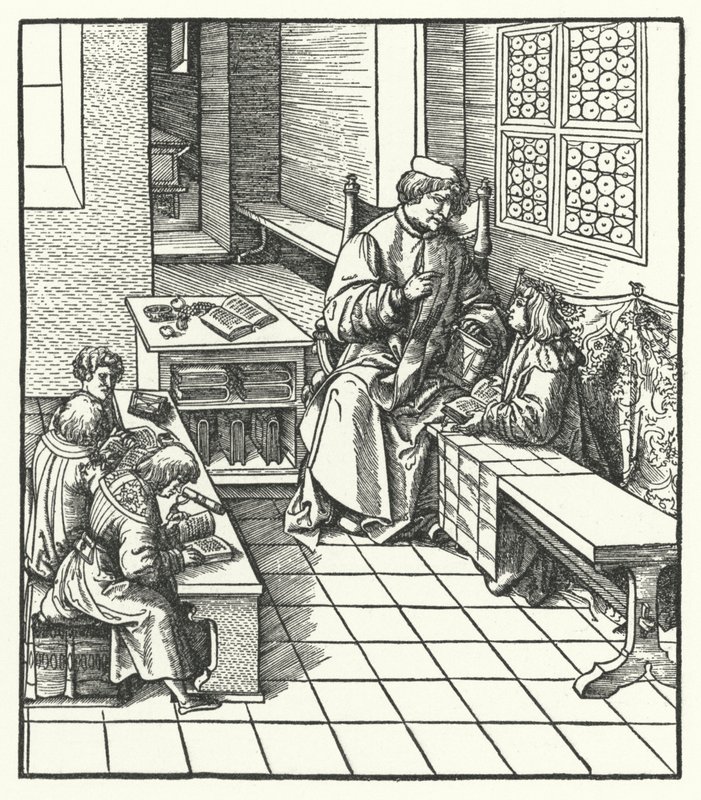 Arquiduque Maximiliano da Áustria na escola quando criança (gravura) de Hans (after) Burgkmair