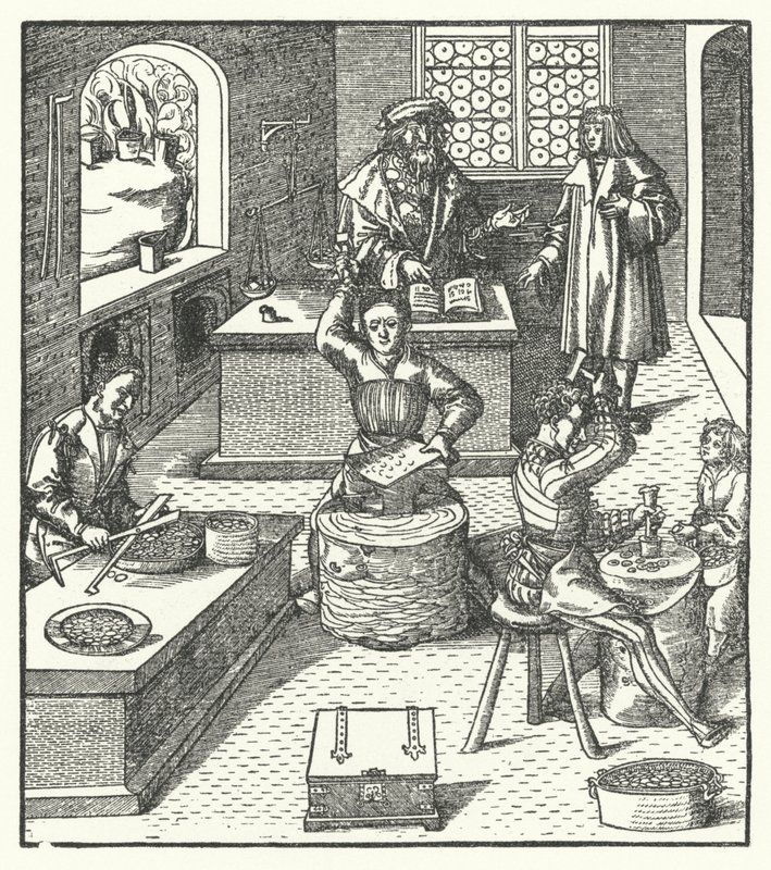 Arquiduque Maximiliano da Áustria na Casa da Moeda (gravura) de Hans (after) Burgkmair
