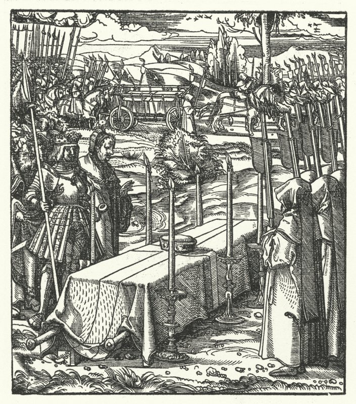 Arquiduque Maximiliano da Áustria ao lado do caixão do assassinado Louis de Bourbon, Príncipe-Bispo de Liège de Hans (after) Burgkmair