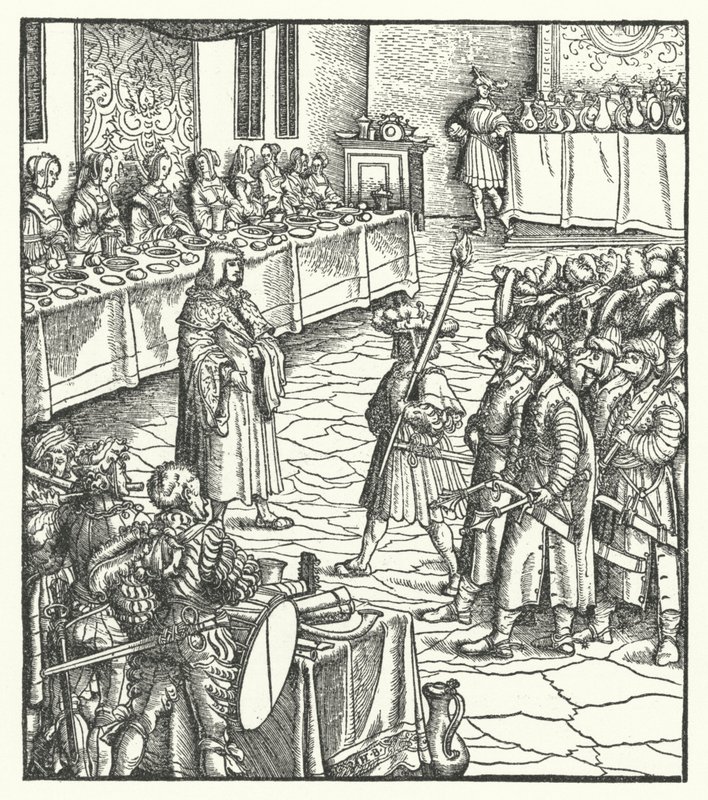 Arquiduque Maximiliano da Áustria dirigindo uma peça de mummer (gravura) de Hans (after) Burgkmair