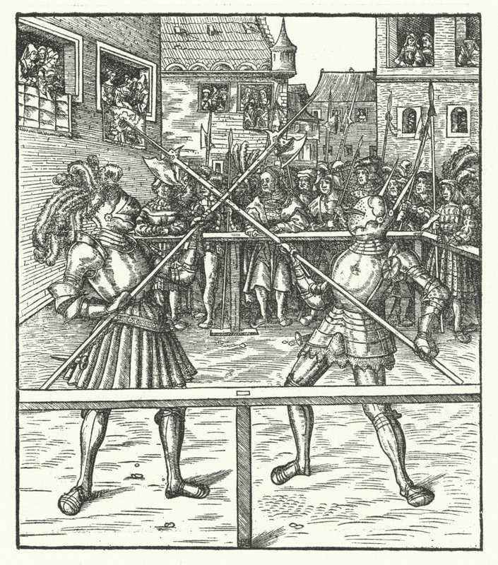 Arquiduque Maximiliano da Áustria lutando a pé usando uma alabarda (gravura) de Hans (after) Burgkmair