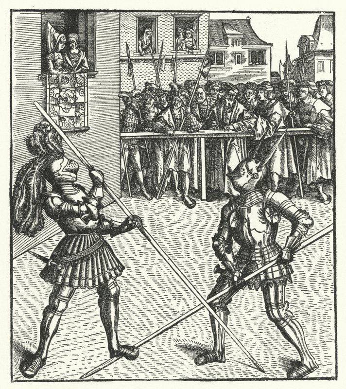 Arquiduque Maximiliano da Áustria lutando a pé usando uma lança (gravura) de Hans (after) Burgkmair