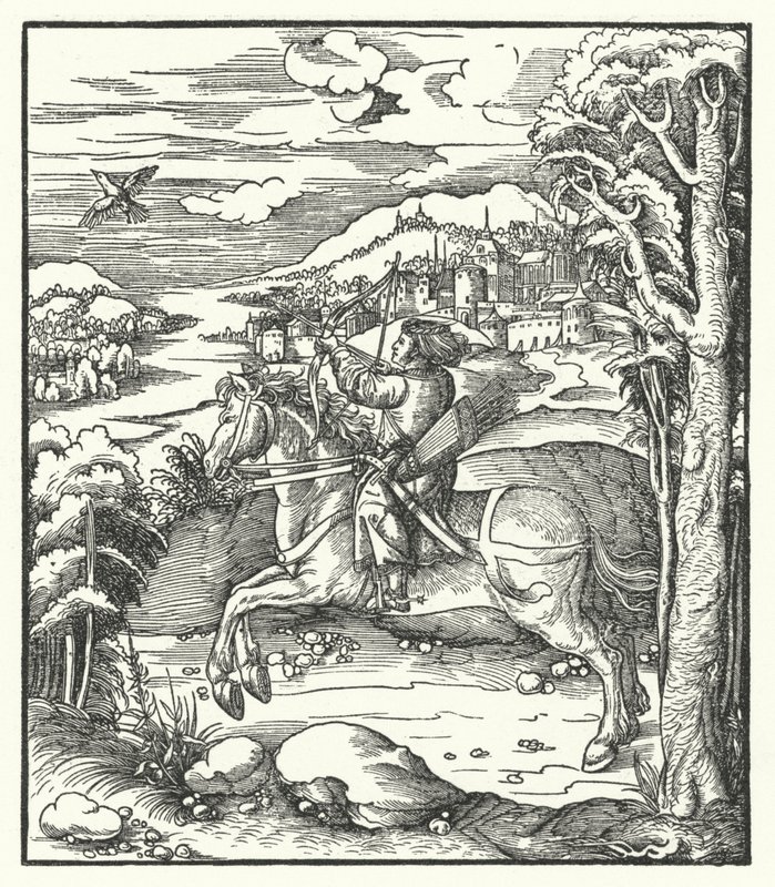 Arquiduque Maximiliano da Áustria caçando a cavalo (gravura) de Hans (after) Burgkmair