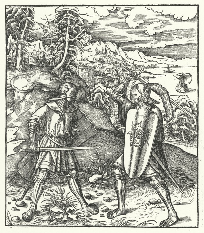 Arquiduque Maximiliano da Áustria em luta armada com uma espada (gravura) de Hans (after) Burgkmair