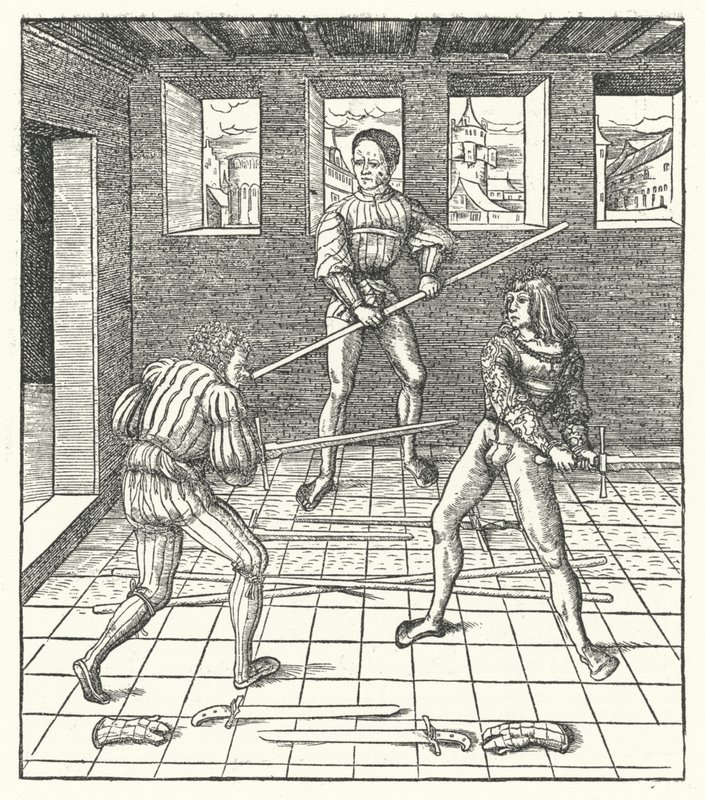 Arquiduque Maximiliano da Áustria aprendendo a arte da esgrima (gravura) de Hans (after) Burgkmair