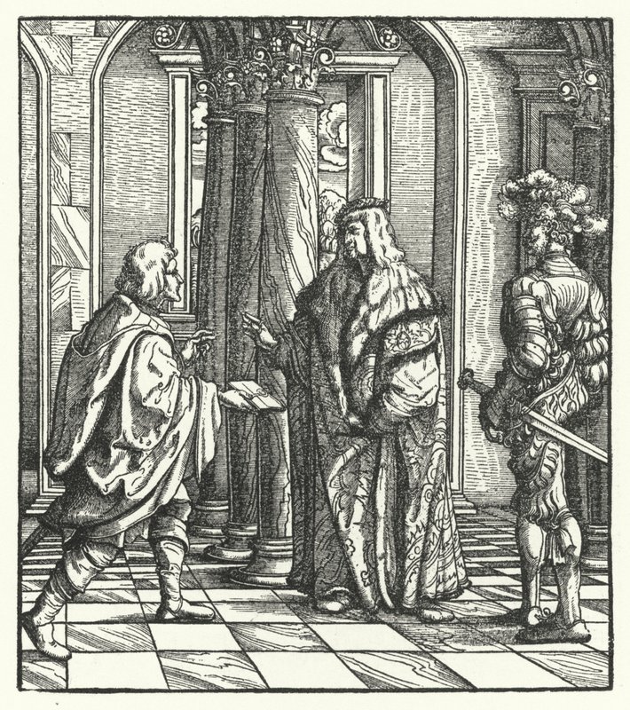 Arquiduque Maximiliano da Áustria recebendo o acordo de Maria da Borgonha para a sua proposta de casamento (gravura) de Hans (after) Burgkmair