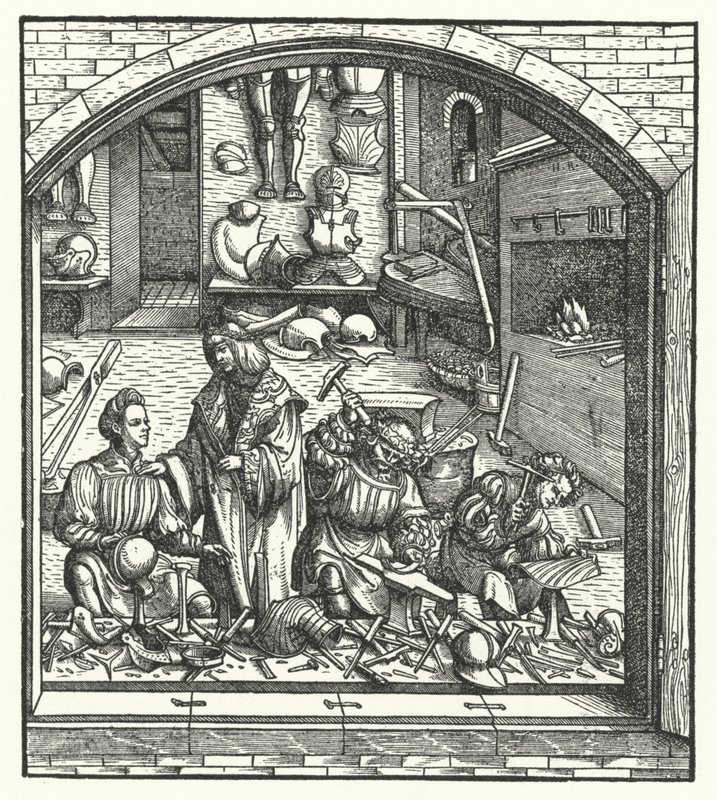Arquiduque Maximiliano da Áustria visitando um armeiro (gravura) de Hans (after) Burgkmair