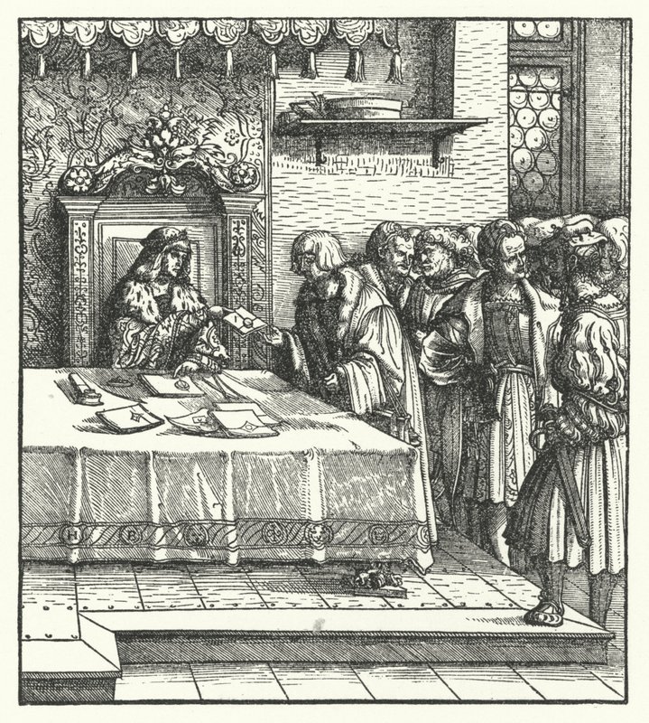 Arquiduque Maximiliano da Áustria escrevendo cartas (gravura) de Hans (after) Burgkmair