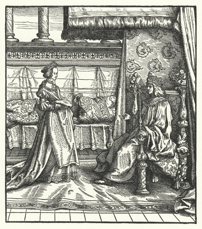 Carlos o Negrito, Duque de Borgonha, com sua filha Maria, que mais tarde casou com o futuro Santo Imperador Romano Maximiliano I em 1477 (gravura) de Hans (after) Burgkmair