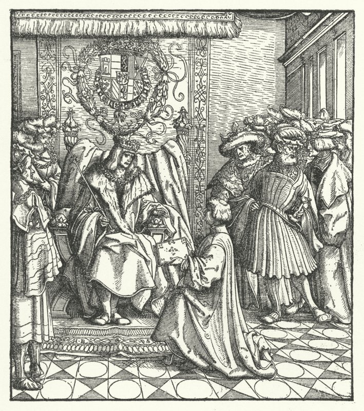 Dedicação de um livro ao Santo Imperador Romano Maximiliano I (gravura) de Hans (after) Burgkmair