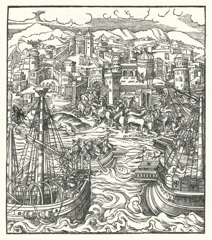 Frederico III, Santo Imperador Romano, chegando a Roma com a sua noiva, Eleanor de Portugal de Hans (after) Burgkmair