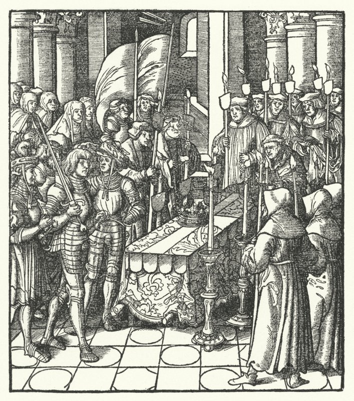 Rei Luís XII de França ao lado do caixão do seu predecessor, o Rei Carlos VIII de Hans (after) Burgkmair