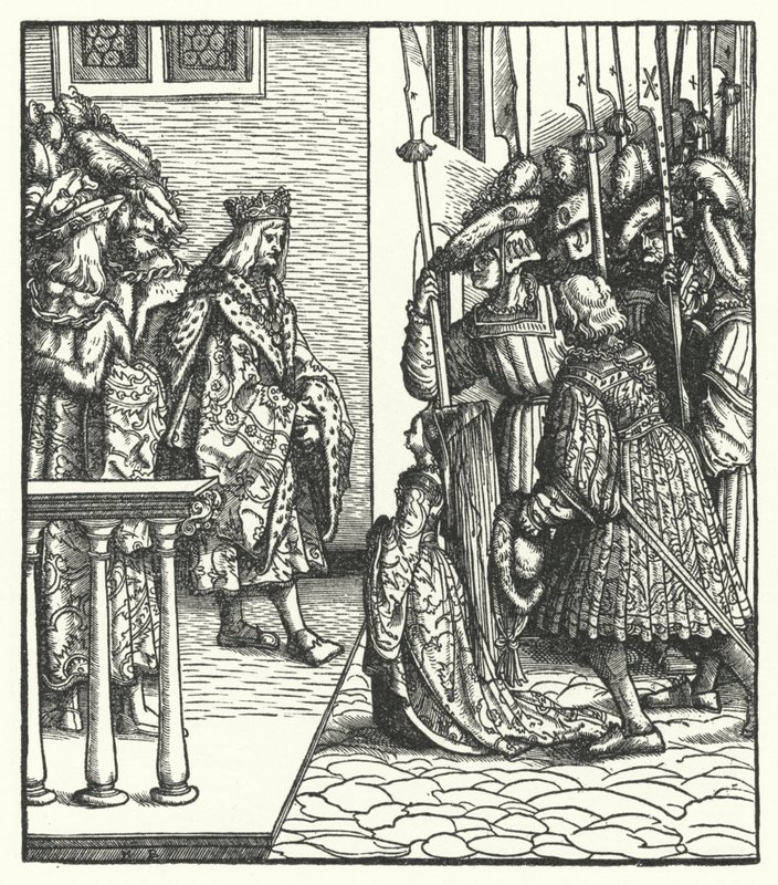Margaret da Áustria, filha do Arquiduque Maximiliano da Áustria, entregue à guarda do Rei Luís XI da França de Hans (after) Burgkmair
