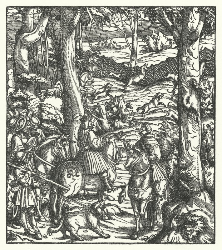 Maximiliano I, Rei dos Romanos, recebendo uma mensagem enquanto caça (gravura) de Hans (after) Burgkmair
