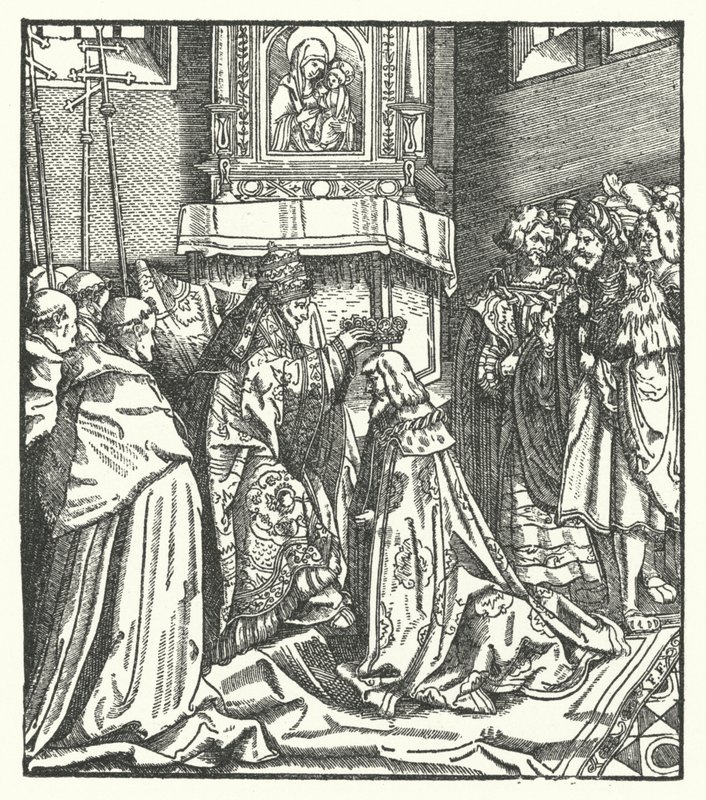 Papa Nicolau V coroando Frederico III Santo Imperador Romano em Roma de Hans (after) Burgkmair