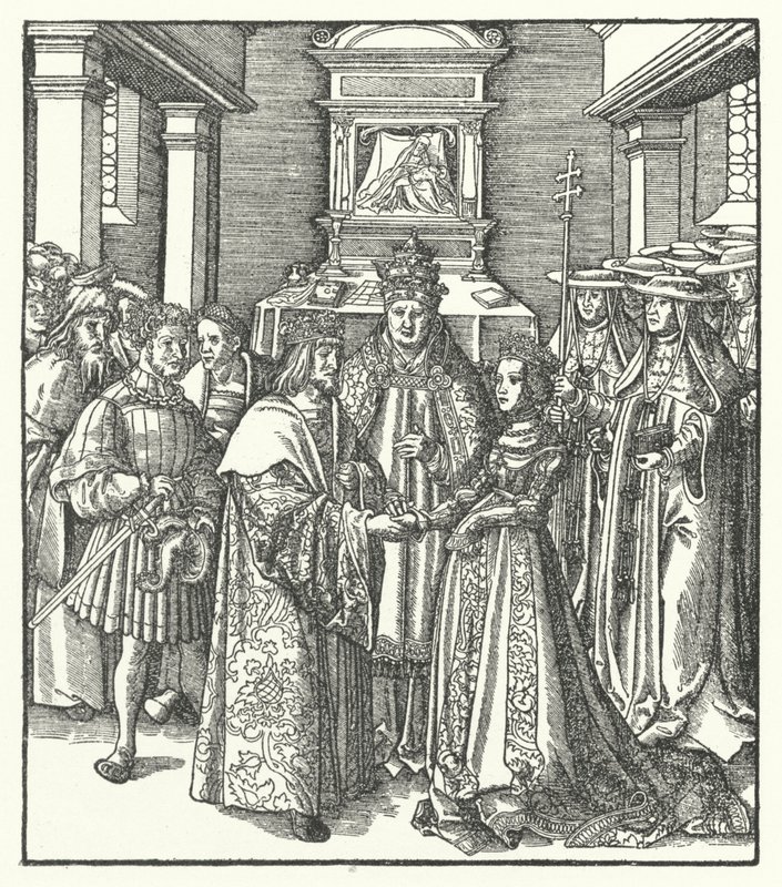 O Papa Nicolau V presidindo ao casamento do Santo Imperador Romano Frederico III e Eleanor de Portugal em Roma de Hans (after) Burgkmair