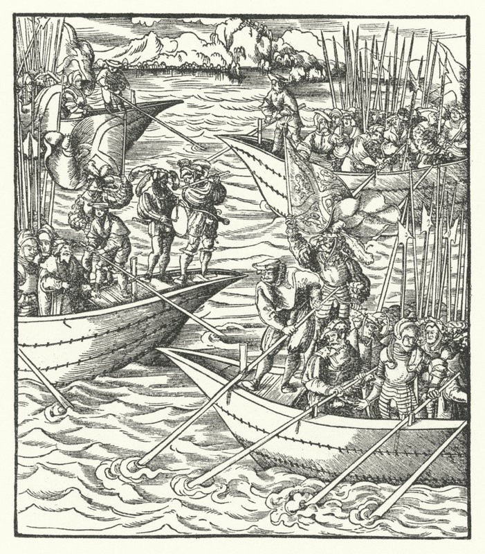 Navios que transportam soldados alemães e franceses ao largo de Leghorn, Itália de Hans (after) Burgkmair
