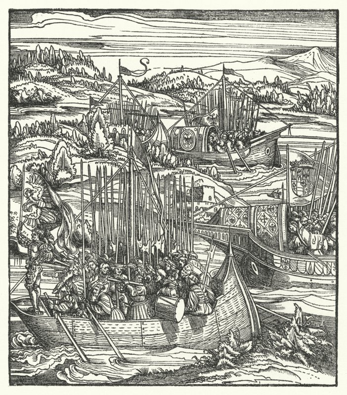 O Santo Imperador Romano Maximiliano I com a sua frota em La Spezia, Itália de Hans (after) Burgkmair