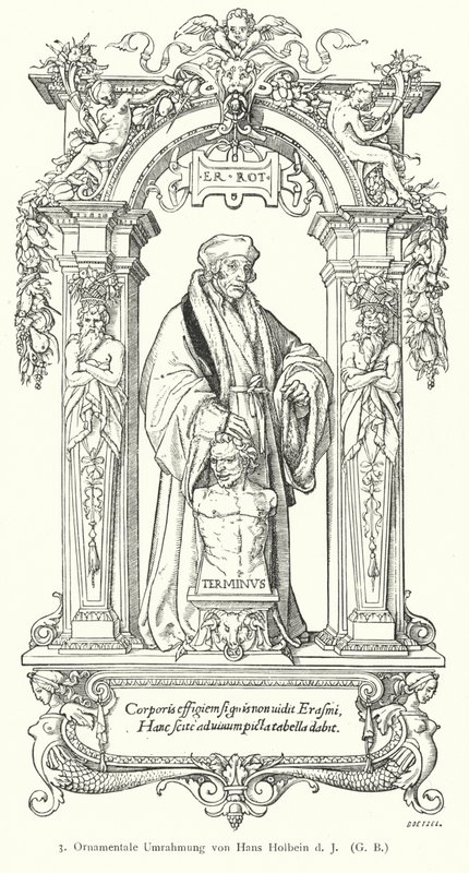 Retrato do estudioso humanista holandês da Renascença Desiderius Erasmus com moldura ornamental (gravura) de Hans (after) Holbein the Younger