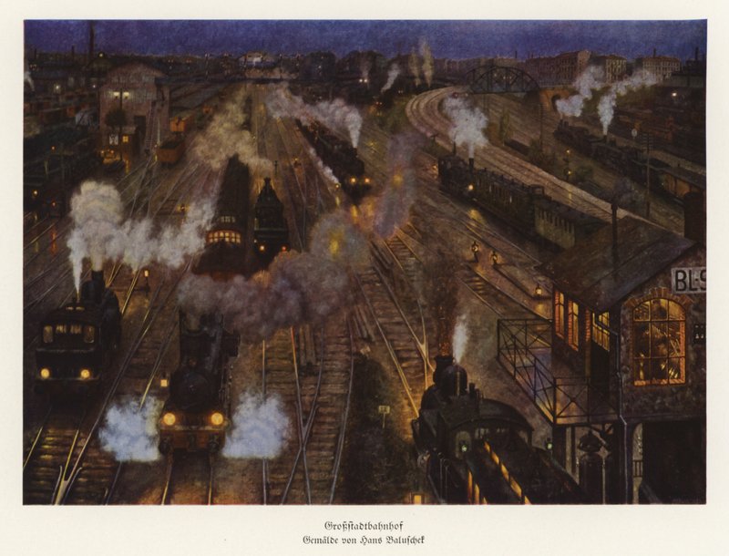 Estação de caminho de ferro de uma grande cidade (litografia a cores) de Hans Baluschek