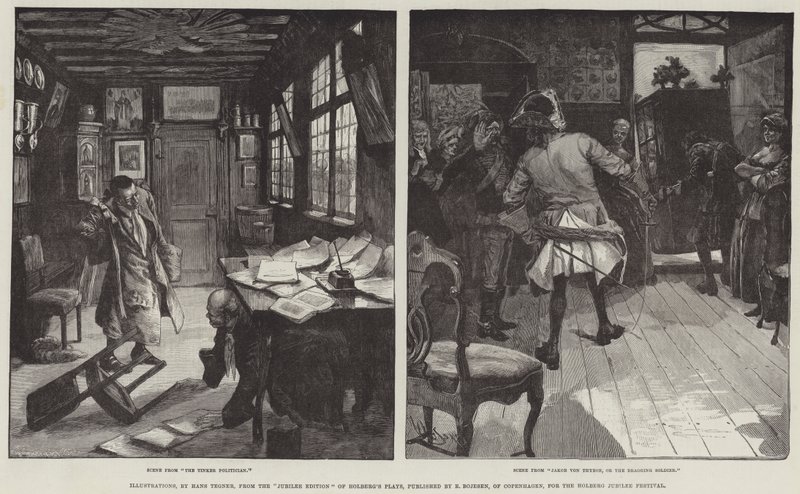 Ilustrações, da edição jubilar de Holberg&39;s Plays, publicada por E Bojesen, de Copenhagen, para o Holberg Jubilee Festival de Hans Tegner