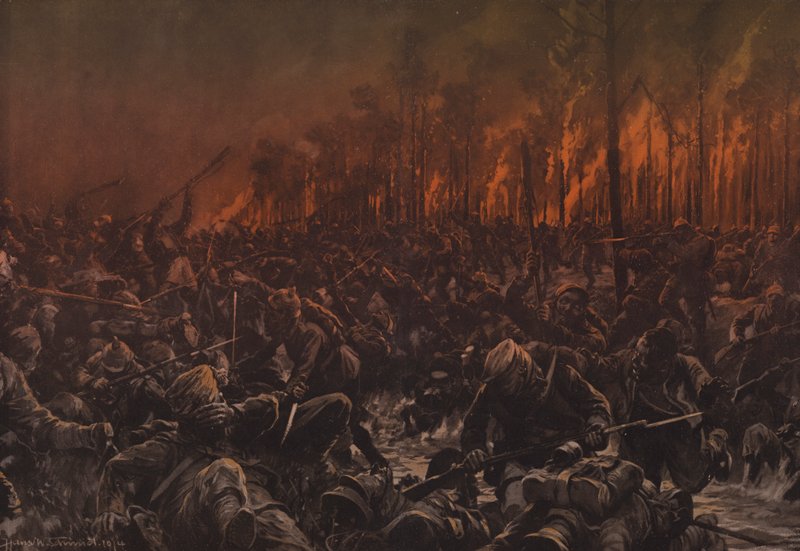 Um ataque noturno às posições britânicas no Yser (lito colorido) de Hans W. (after) Schmidt
