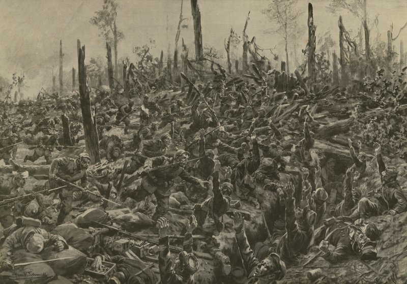 Ataque alemão a fortificações e trincheiras francesas no Bois-le-Pretre após o bombardeio de artilharia de 5 de julho de 1915 (lito) de Hans W. (after) Schmidt