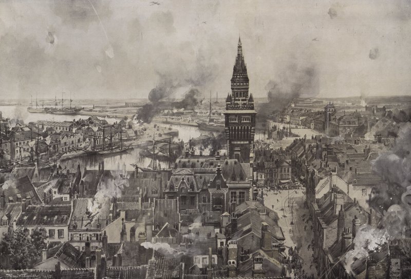 O bombardeamento de Dunquerque (litho) de Hans W. (after) Schmidt