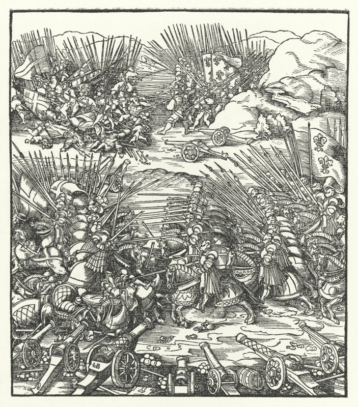 Batalha entre os exércitos franceses e venezianos durante a Guerra da Liga de Cambrai, 1509 de Hans after Burgkmair
