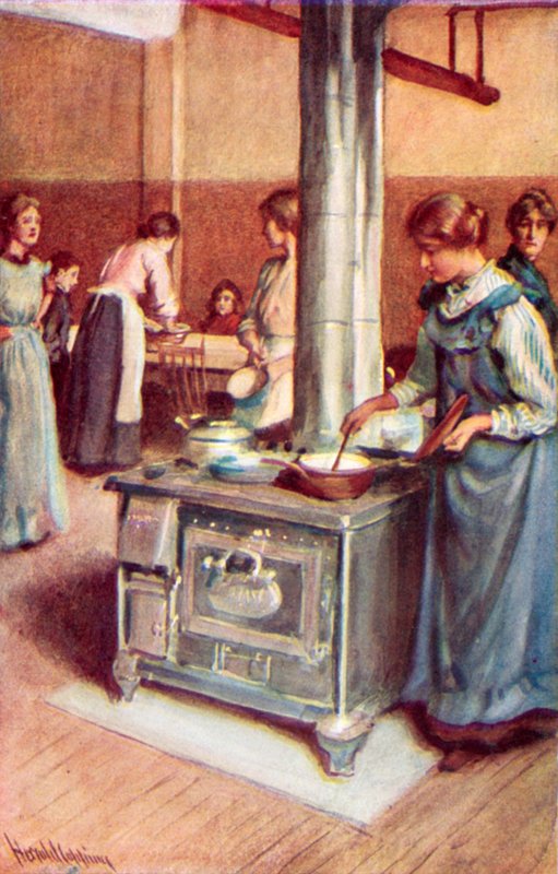 Um grupo de donas de casa movimentadas, a cozinha do Winnipeg Immigration Hall de Harold Copping