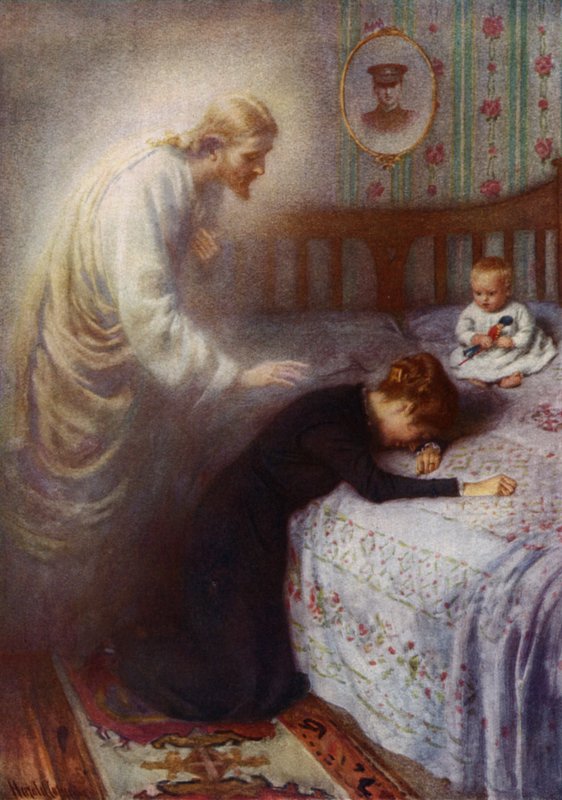 Cristo, o Consolador: Jesus consolando uma enlutada viúva de guerra britânica (lito colorido) de Harold Copping