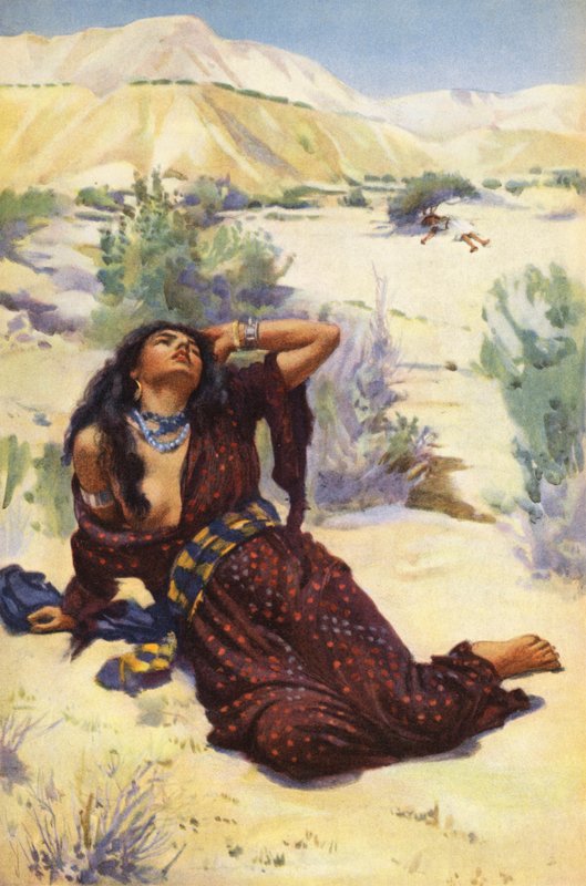 Hagar e Ismael no deserto (litografia a cores) de Harold Copping