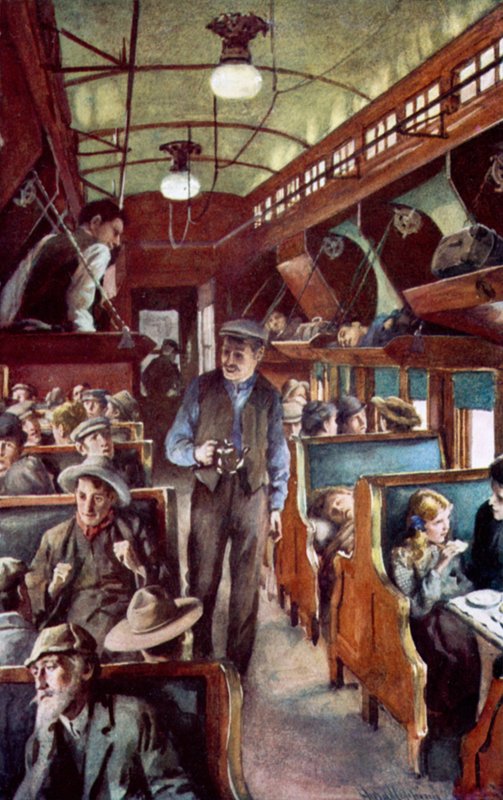 Imigrantes viajando pelo Canadá em uma viatura colonizada da CPR de Harold Copping