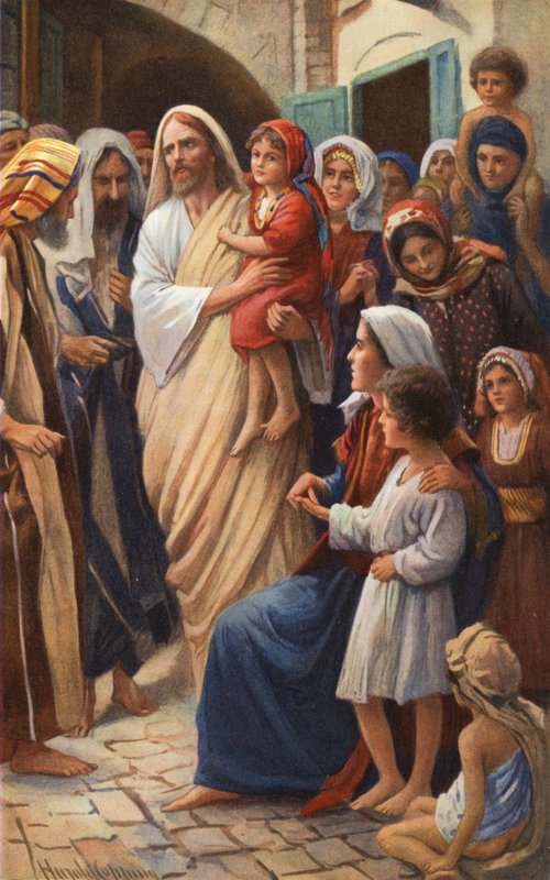 Jesus abençoa as crianças (litografia a cores) de Harold Copping