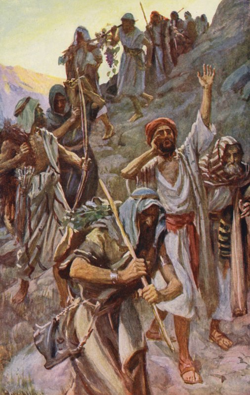 Antigo Testamento: "Uma terra que mana leite e mel" (litografia a cores) de Harold Copping