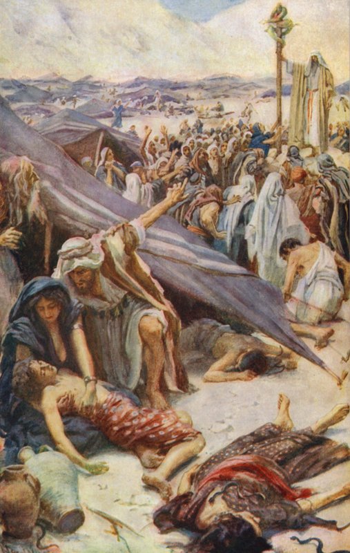 Antigo Testamento: A Vida por um Olhar, A Serpente de Bronze (litografia a cores) de Harold Copping