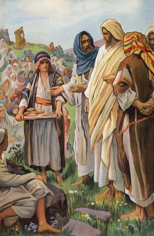 O milagre dos pães e dos peixes (litografia a cores) de Harold Copping