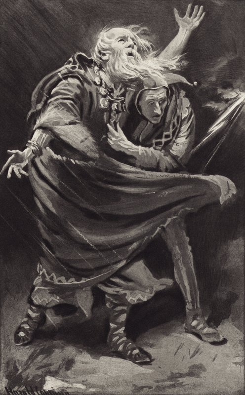 Em uma charneca, exposta à fúria da tempestade em uma noite escura, o rei Lear saiu de Harold Copping