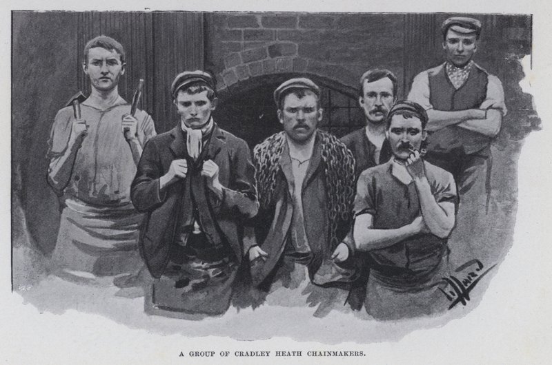 Um grupo de Cradley Heath Chainmakers (foto a p/b) de Harold Hume Piffard