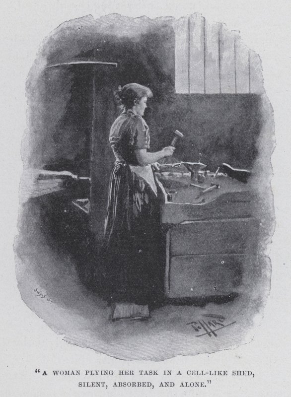 "Uma mulher a fazer a sua tarefa num barracão de celas, silenciosa, absorvida e sozinha" (foto a p/b) de Harold Hume Piffard