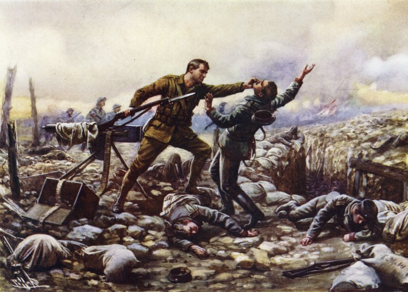 Soldado J Boyd, da Guarda Irlandesa, capturando uma metralhadora alemã com uma só mão, a Primeira Guerra Mundial de Harold Hume Piffard
