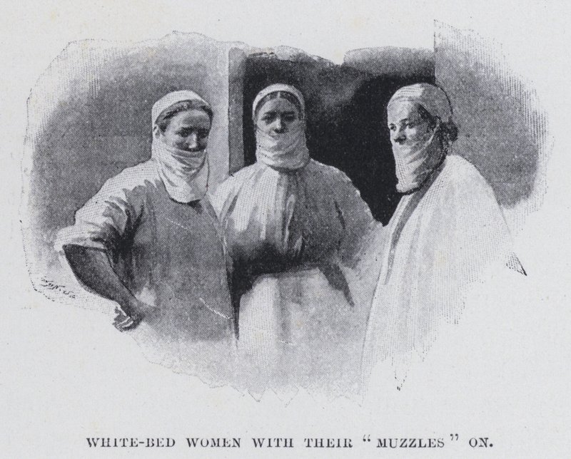 Mulheres de cama branca com seus "focinheiras" em (foto a p/b) de Harold Hume Piffard