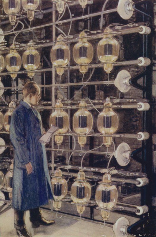 Válvulas termiônicas na estação de telegrafia sem fio Marconi em Cefn Du, perto de Caernarfon, País de Gales (cor litho) de Harold Robert Millar