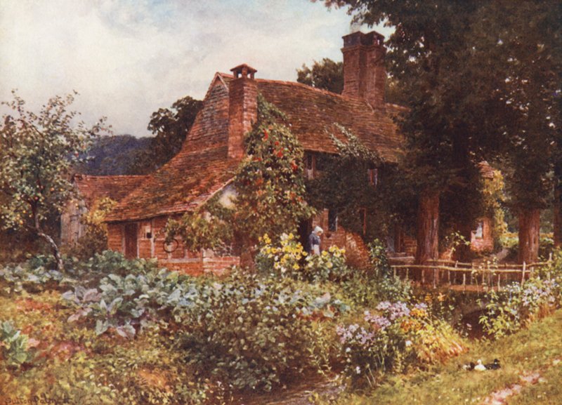 Old Mill Cottages, Abinger (litografia a cores) de Harold Sutton Palmer