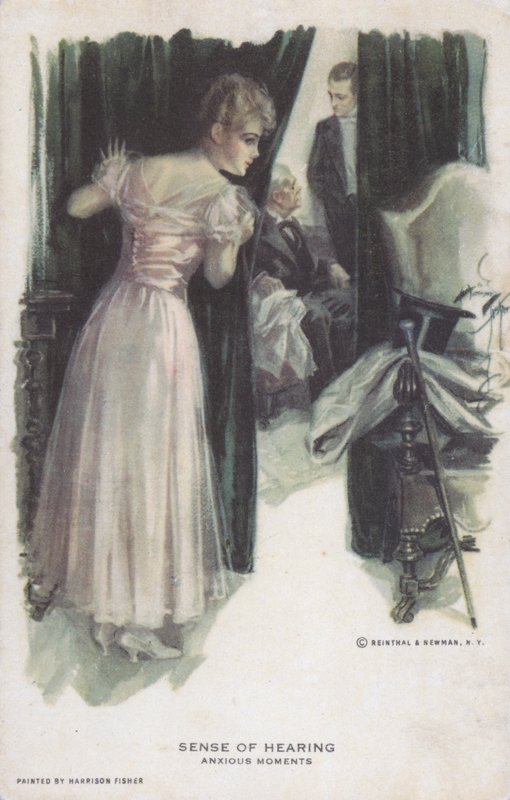 Senso de audição - momentos ansiosos: uma mulher escutando uma conversa de Harrison Fisher