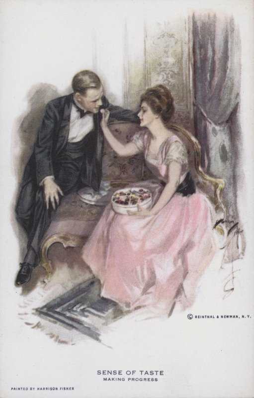 Sentido de gosto - fazendo progresso: casal comendo uma caixa de chocolates de Harrison Fisher