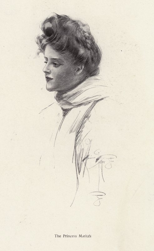 Uma personagem, a Condessa Frina Mavrodin, do romance A Princesa Moritza, de Percy Brebner (litho) de Harrison Fisher