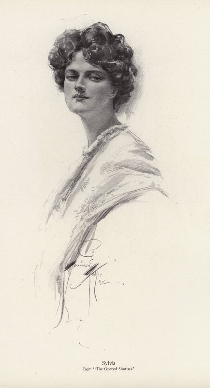 Uma personagem, Sylvia, do romance The Opened Shutters, de Clara Louise Burnham (litho) de Harrison Fisher