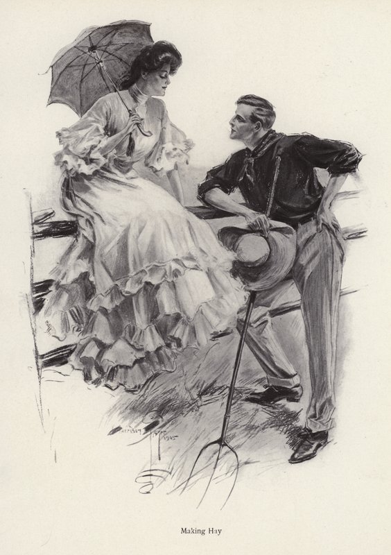 Um agricultor faz uma pausa no seu trabalho para flertar com uma jovem mulher (litho) de Harrison Fisher