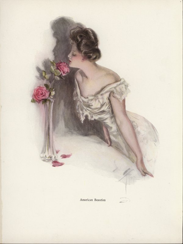 Mulher americana a cheirar rosas rosa num vaso (cor litho) de Harrison Fisher